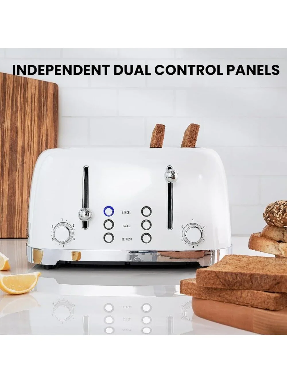 4 Slice White Retro Stainless Steel with Bagel Defrost Cancel Function Toaster